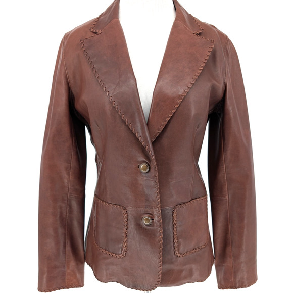 Rizal Jackets & Blazers - VTG Rizal Neiman Marcus Brown Leather Whip Stich Boho Western Blazer Medium Wmns